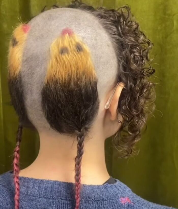 Unusual disastrous hairstyle featuring shaved head with colored patches and two long braids, curly hair on one side.