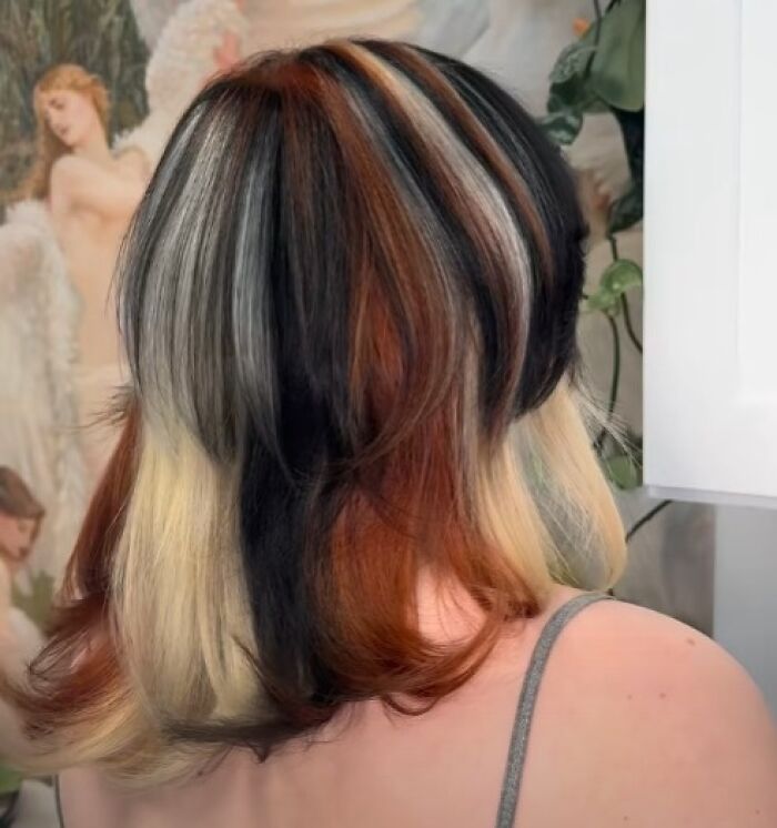 Multi-colored layered hairstyle with contrasting black, blonde, red, and silver streaks showcasing a disastrous hairstyle choice.