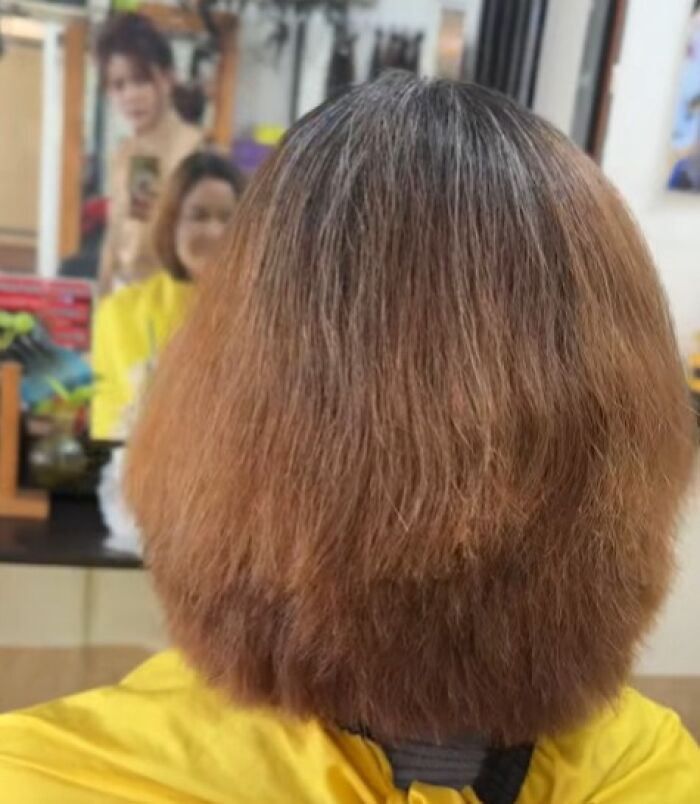 Disastrous hairstyle with uneven texture and awkward shape viewed from the back in a salon setting.