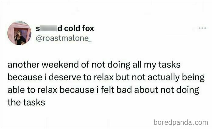 Humorous social media post about using humor as a coping mechanism to deal with procrastination and relaxation guilt.