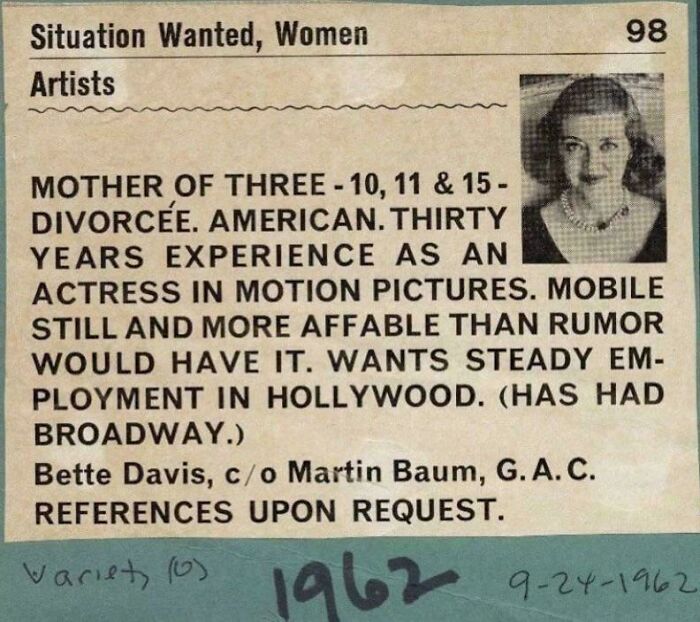 Vintage advertisements classified ad from 1962 seeking employment for actress with Hollywood experience and references.