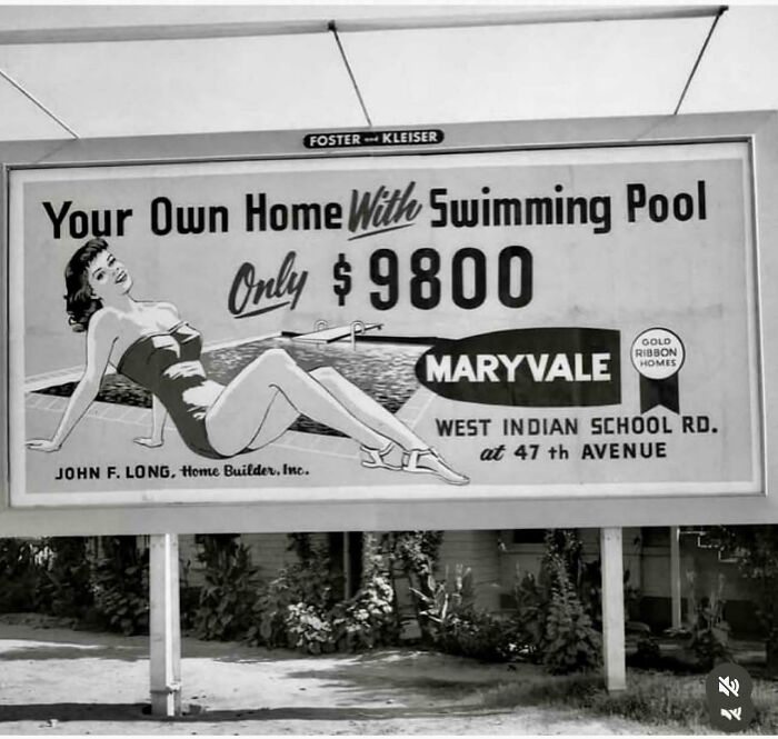 Vintage advertisements showing a woman in swimsuit promoting Maryvale homes with swimming pools for $9800 on West Indian School Rd.