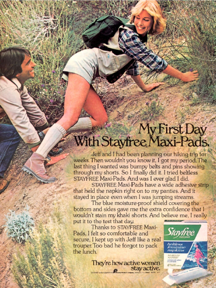 Vintage advertisements showing a couple hiking outdoors promoting Stayfree maxi-pads for active women’s comfort and confidence.