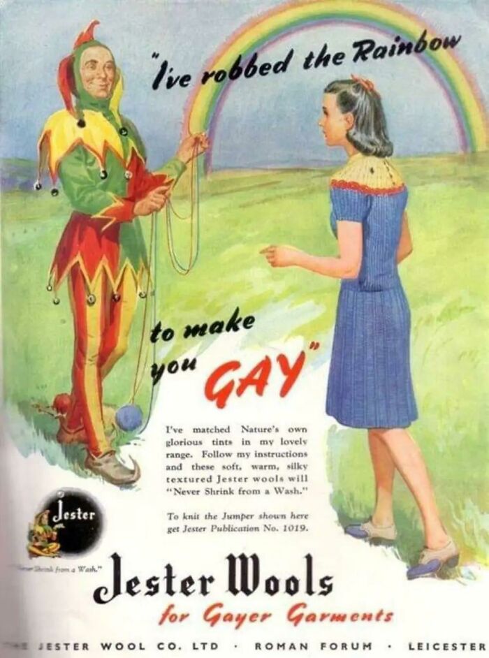 Vintage advertisement showing a jester and woman promoting Jester Wools for gayer garments with rainbow imagery.