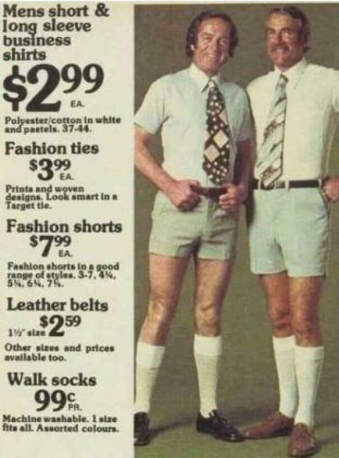 Vintage advertisements showing men in short shorts, business shirts, fashion ties, leather belts, and walk socks.