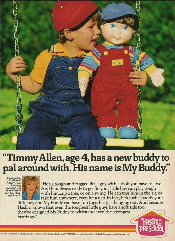 Vintage advertisements featuring a child with a My Buddy doll on a swing promoting nostalgic toys from Hasbro Preschool.