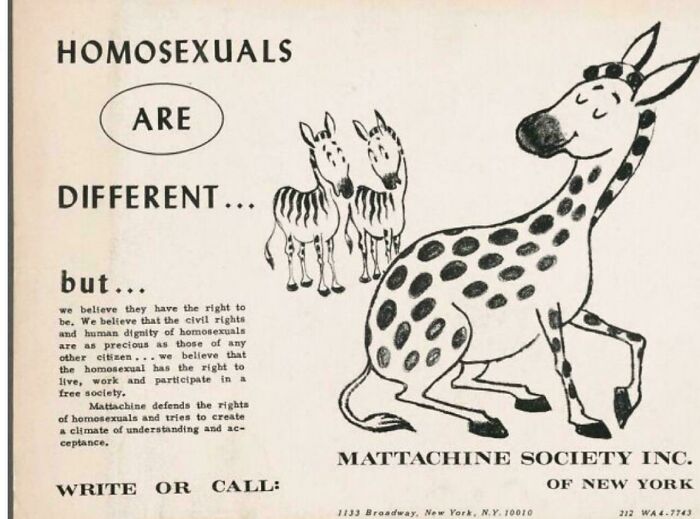 Vintage advertisements highlighting social messages with unique cartoon-style illustrations from Mattachine Society Inc.