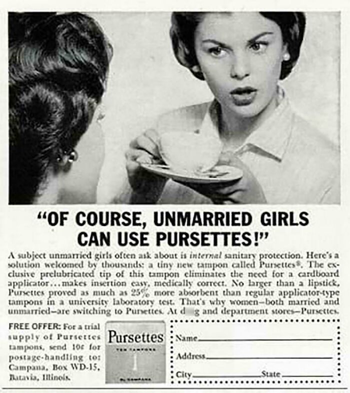 Black and white vintage advertisement showing women discussing pursettes internal sanitary protection tampons.