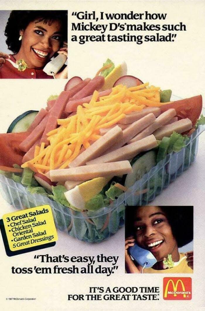 Vintage advertisements showing two women on phones praising McDonald’s fresh tossed salad with ham and cheese shreds.