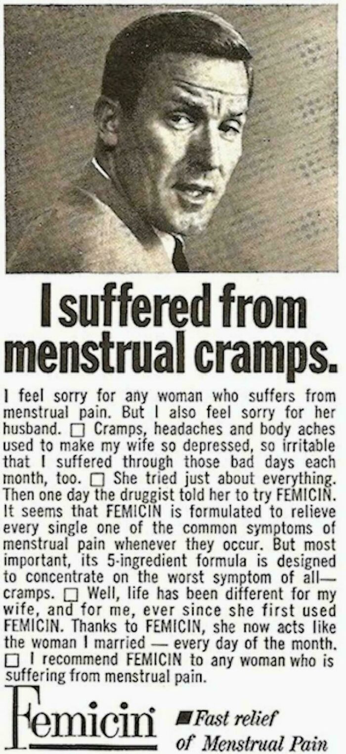 Vintage advertisements showing a man promoting relief for menstrual cramps with a product named Femicin.