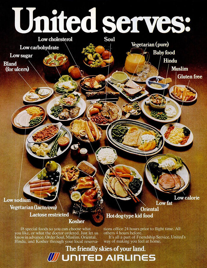 Vintage advertisements showing diverse airline meal options labeled for dietary needs like low calorie, kosher, and gluten free.