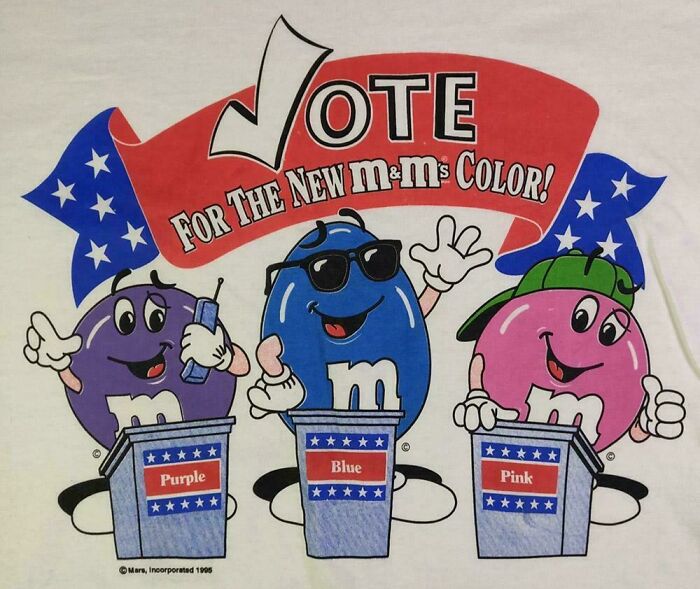 Vintage advertisements featuring colorful M&M characters promoting new candy colors in a retro election-themed design.