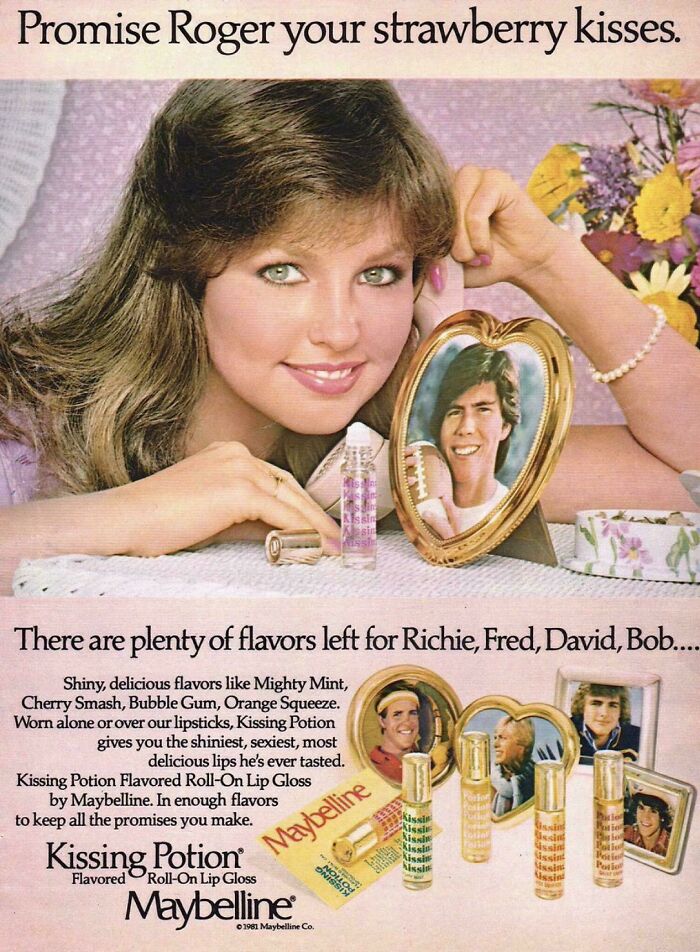 Vintage advertisement showing a young woman with Maybelline Kissing Potion lip gloss and framed photos of men.