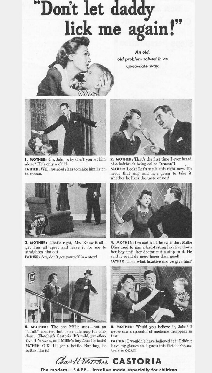 Vintage advertisements showing a 1950s Castoria laxative ad with mother, father, and child in black and white.