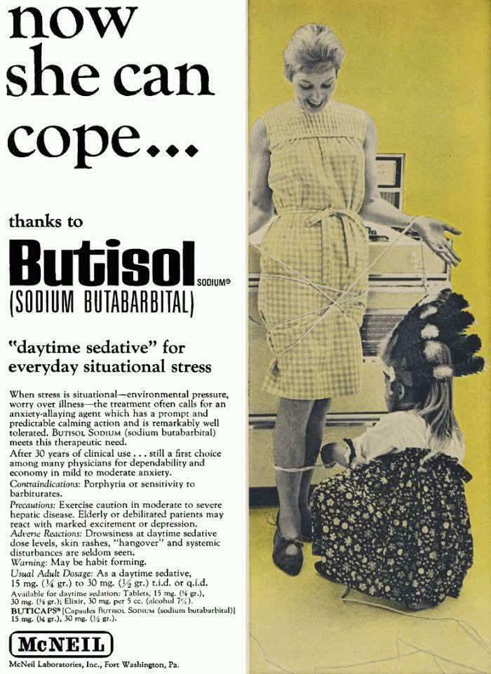 Vintage advertisement of a woman tied up by a child, illustrating outdated vintage advertisements and situational stress relief.