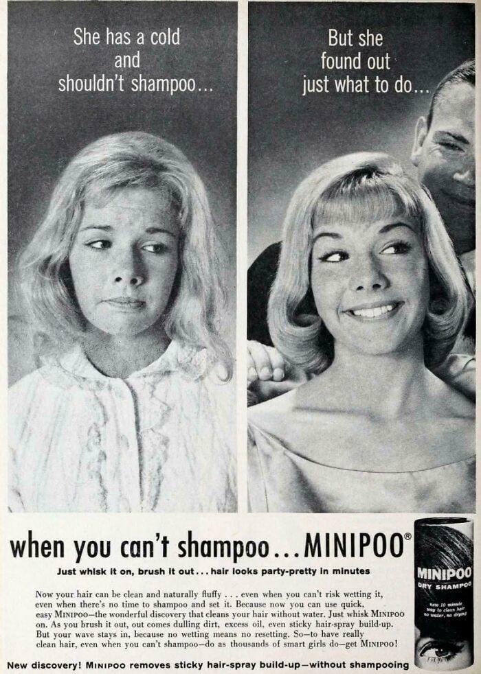 Black and white vintage advertisement for Minipoo dry shampoo showing before and after hair care results.