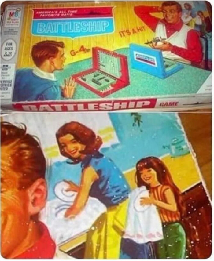 Vintage advertisements showing a Battleship game and women washing dishes, reflecting outdated gender roles in classic ads.