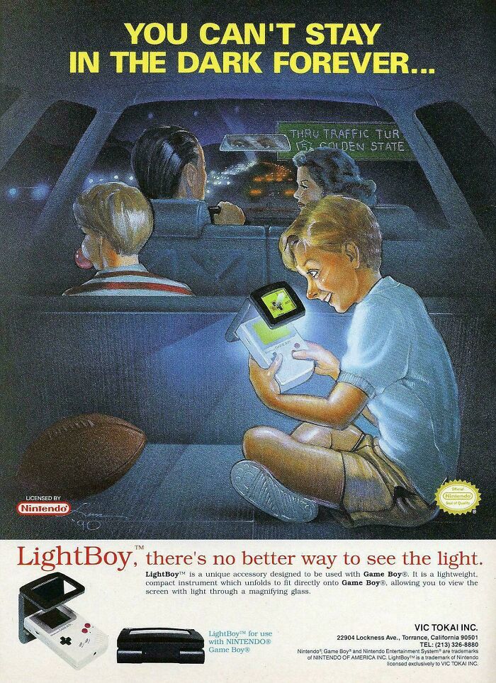 Vintage advertisements showing a boy using a LightBoy accessory with a Nintendo Game Boy in a car at night.