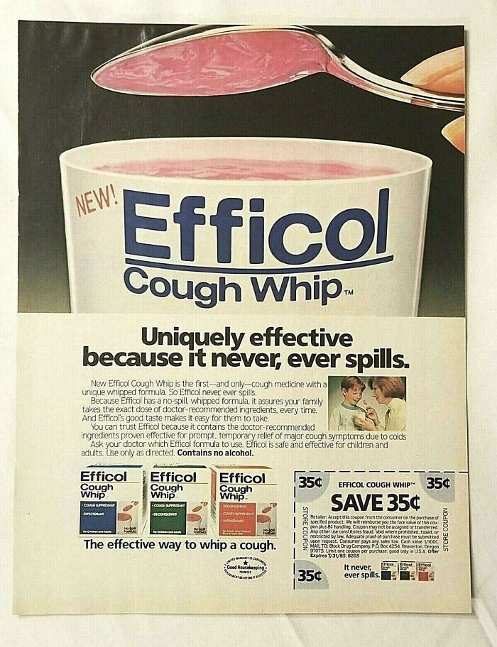 Vintage advertisements for Efficol Cough Whip showcase unique whipped cough medicine with no-spill formula and coupons.