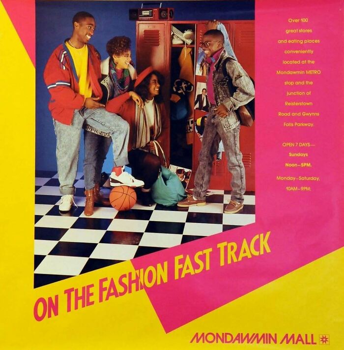 Group of teenagers in vintage 80s fashion posing by lockers in a colorful advertisement for Mondawmin Mall vintage advertisements.