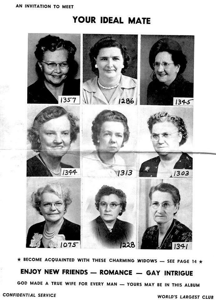 Vintage advertisement showing black and white photos of women titled your ideal mate promoting romance and friendship.