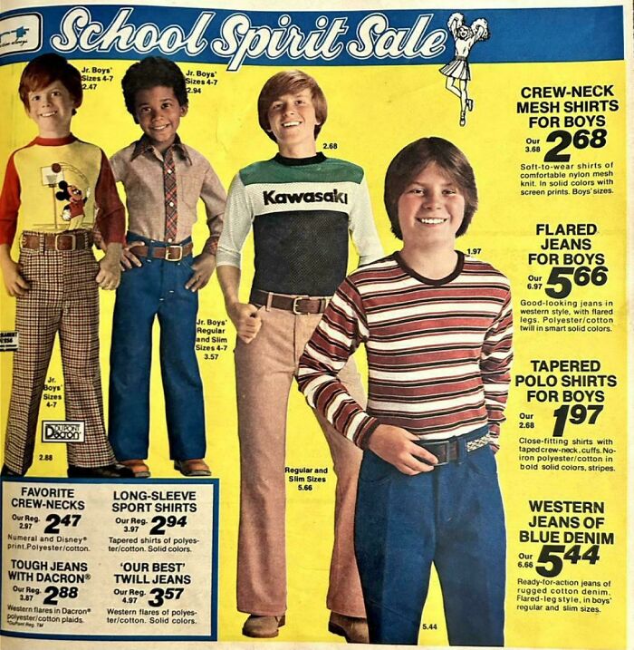 Vintage advertisements showing boys modeling crew-neck shirts, polo shirts, and flared jeans in 1970s fashion styles.