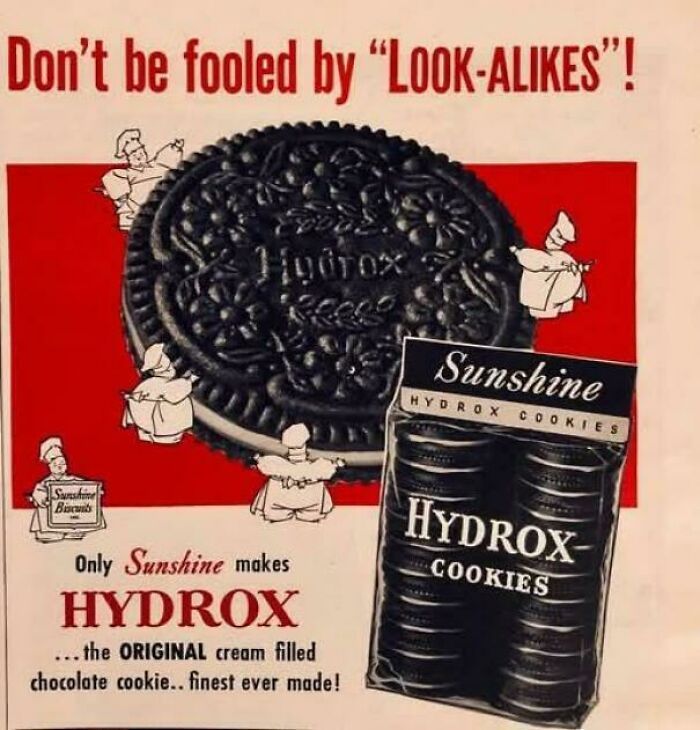 Vintage advertisements featuring Hydrox cookies and Sunshine brand promoting original cream-filled chocolate cookies.