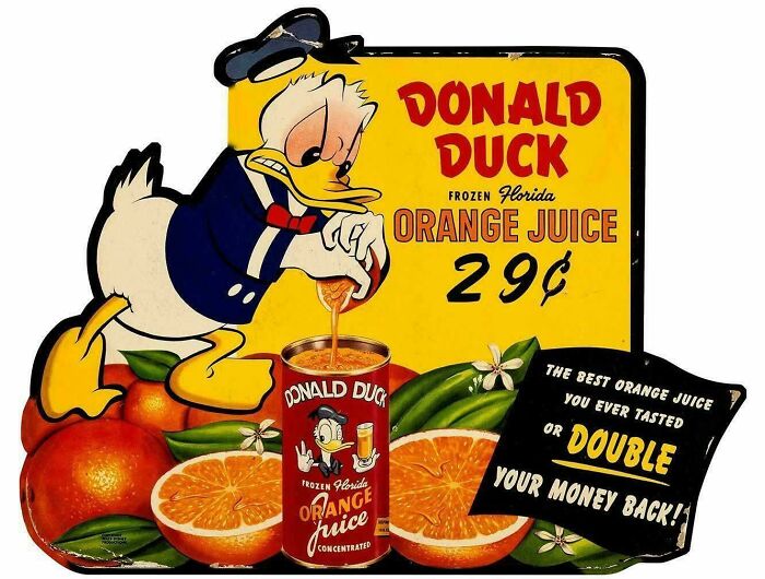 Vintage advertisement featuring Donald Duck pouring frozen Florida orange juice for 29 cents with a classic promotional slogan.
