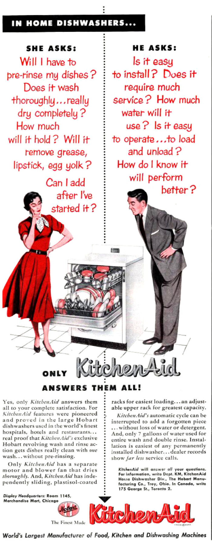 Vintage advertisement showing a man and woman questioning features of a KitchenAid dishwasher in a classic mid-century style.