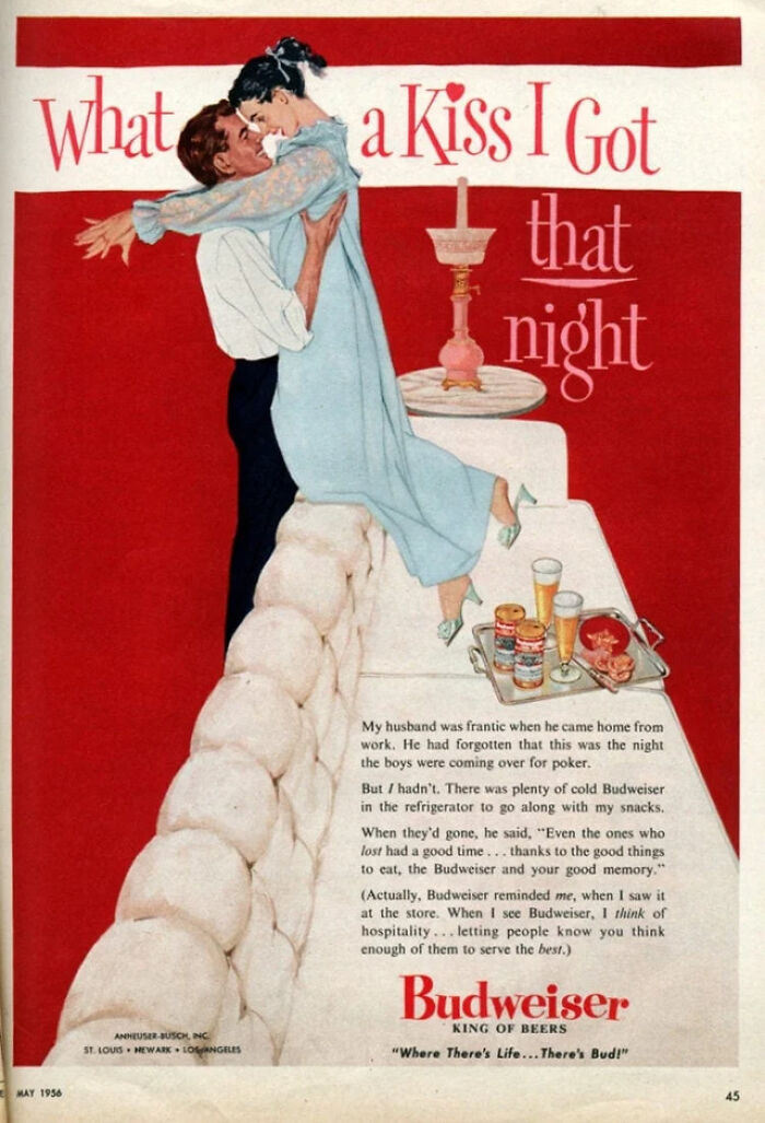 Vintage advertisement showing a couple embracing with a Budweiser beer tray on a couch, highlighting vintage advertisements.