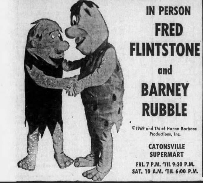 Vintage advertisement featuring Fred Flintstone and Barney Rubble mascots promoting an event at Catonsville Supermart.