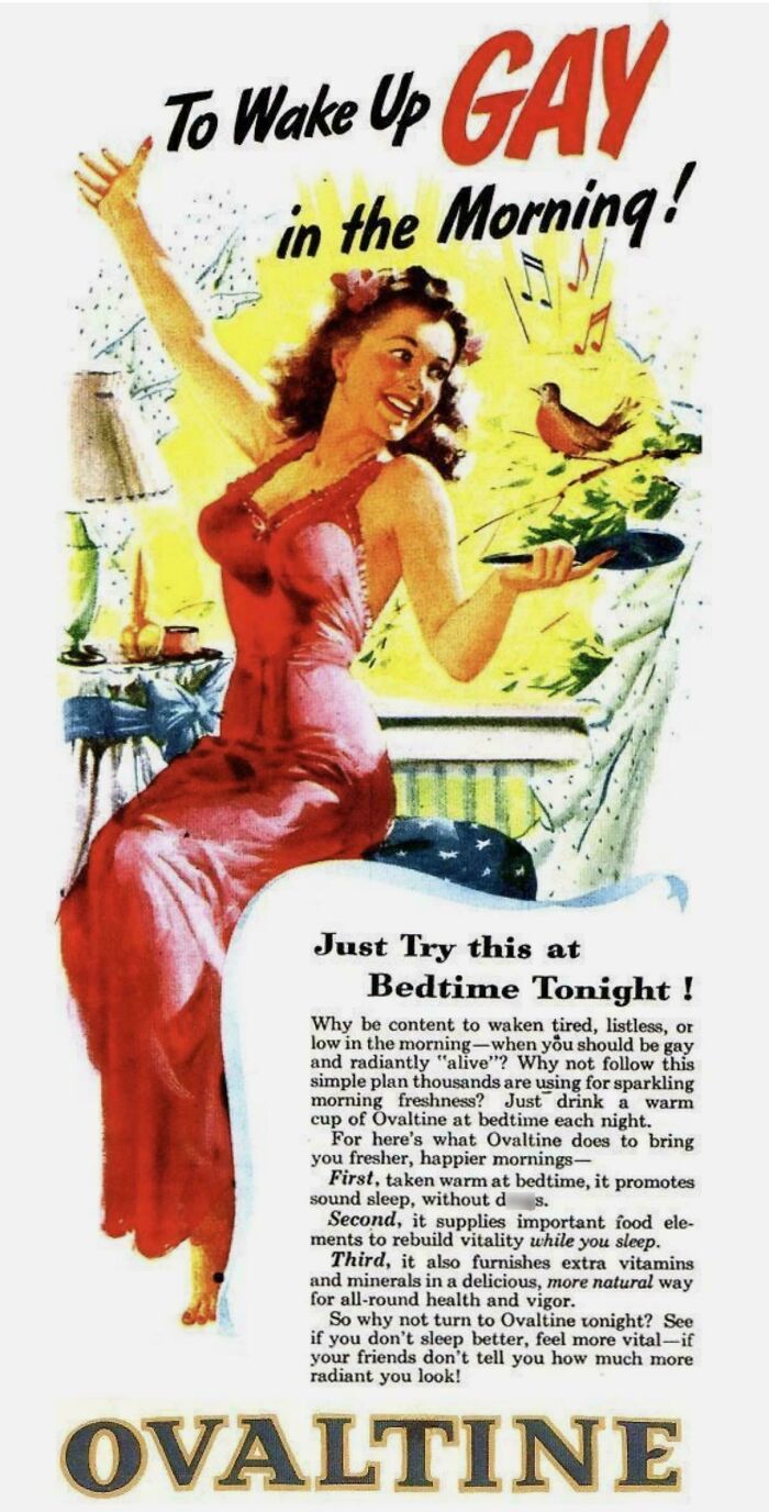 Vintage advertisement showing a joyful woman in red promoting Ovaltine for a bright and fresh morning routine.