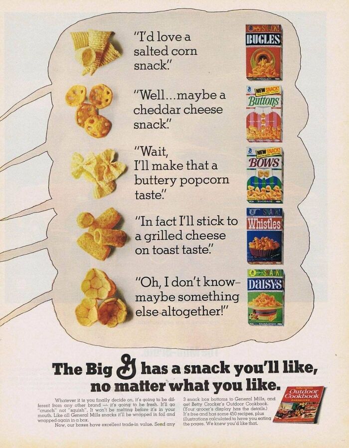 Vintage advertisements showing a variety of classic snack options with witty flavor descriptions and packaging.