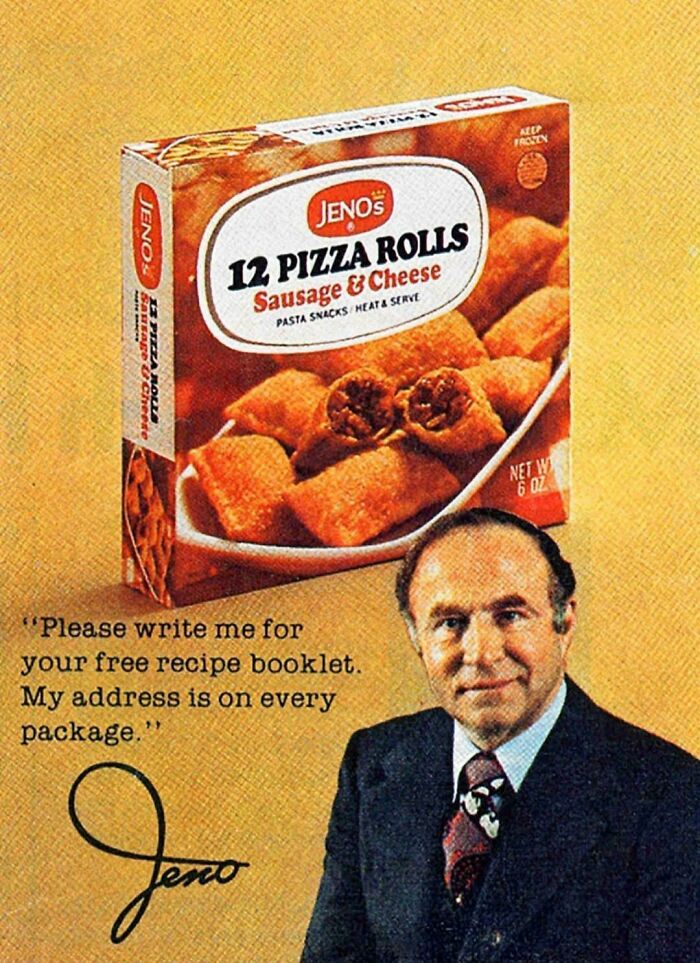 Vintage advertisements showing Jeno's 12 pizza rolls sausage and cheese with a man promoting a free recipe booklet.