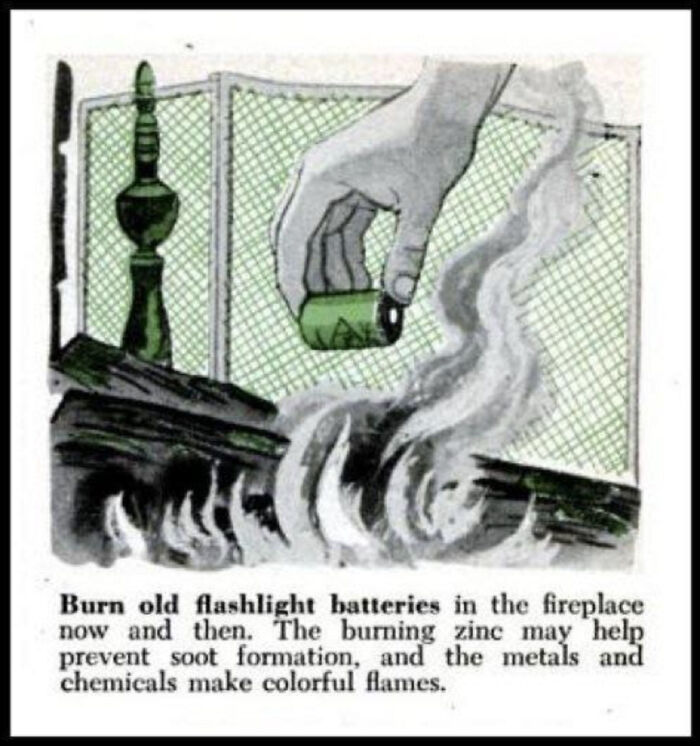 Hand pouring used flashlight batteries into a fireplace fire, showcasing a vintage advertisement concept.