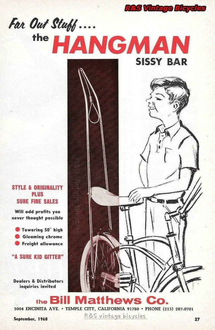 Vintage advertisements showing a boy with a Hangman Sissy Bar bicycle accessory from 1968 promotion.