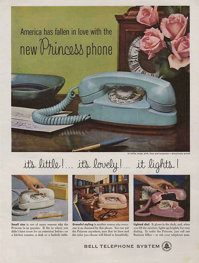Vintage advertisements featuring the Princess phone with graceful styling and lighted dial from Bell Telephone System