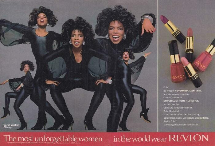 Vintage advertisements featuring Oprah Winfrey in black bodysuit promoting Revlon lipstick and nail enamel.
