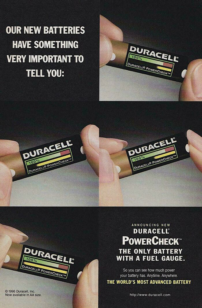 Vintage advertisements showing Duracell batteries with PowerCheck fuel gauge for battery power level.