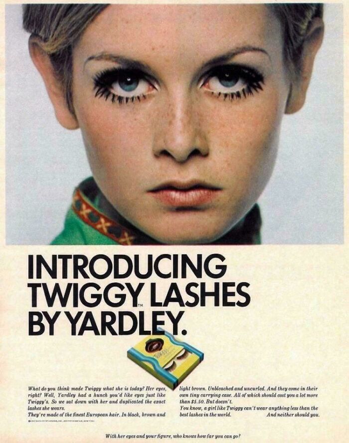 Close-up of a vintage advertisement featuring Twiggy lashes by Yardley highlighting retro makeup trends.