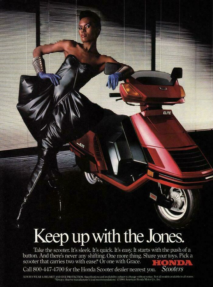 Vintage advertisements featuring a model posing with a sleek red Honda scooter in a dramatic setting.