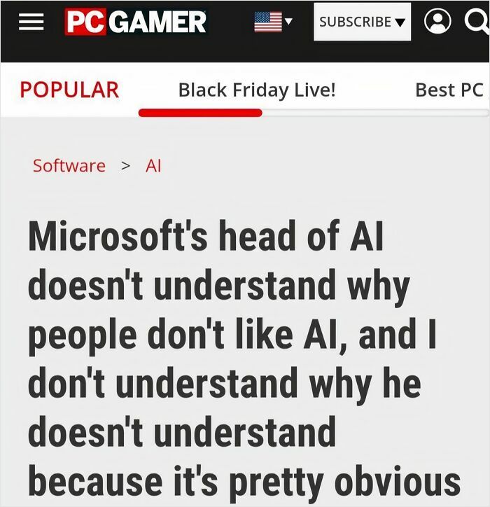 Screenshot of a PC Gamer article about Microsoft's head of AI and public dislike related to AI incidents in headlines.