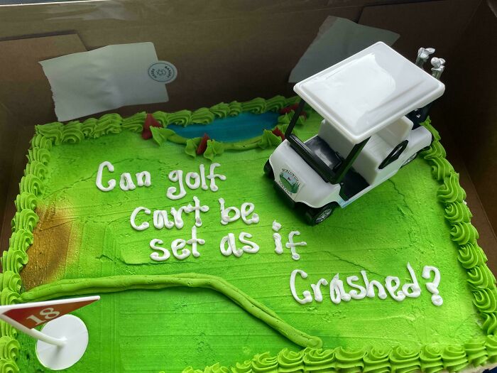 Green cake decorated as a golf course with a toy golf cart, humorous text about a golf cart crash, funny cake emotions.