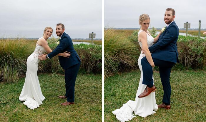 Bride and groom posing in awkward wedding photos outside on grass with playful and unusual expressions and stances.