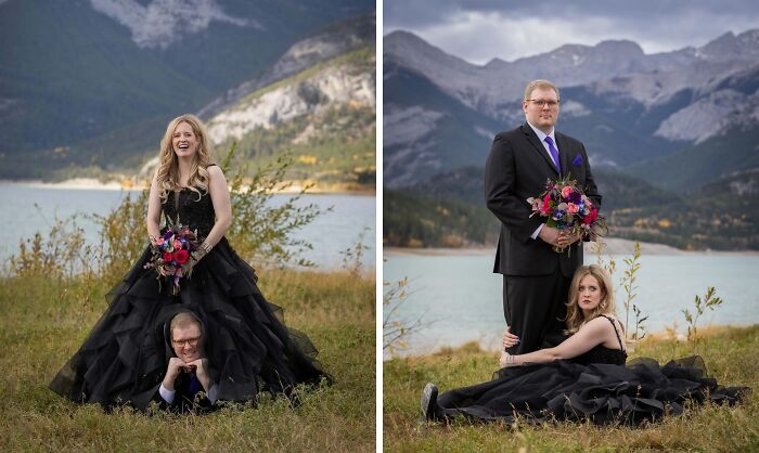 Couple posing in awkward wedding photos outdoors with mountains and lake in the background, highlighting awkward wedding photo moments.
