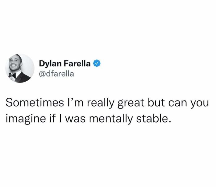 Tweet by Dylan Farella with a funny meme about mental stability, shared as part of funny memes to distract you.