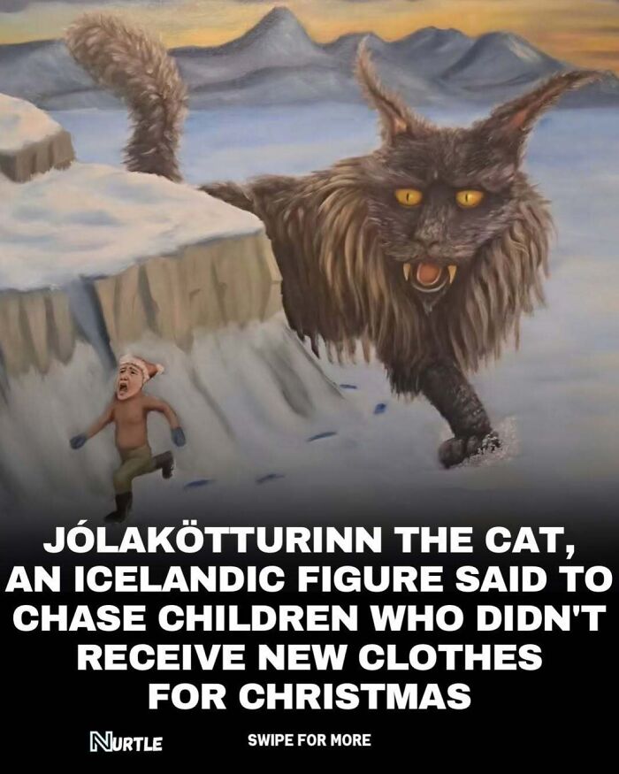 Illustration of Jólakötturinn cat chasing a child in snow, a random fact from fun to know collection.