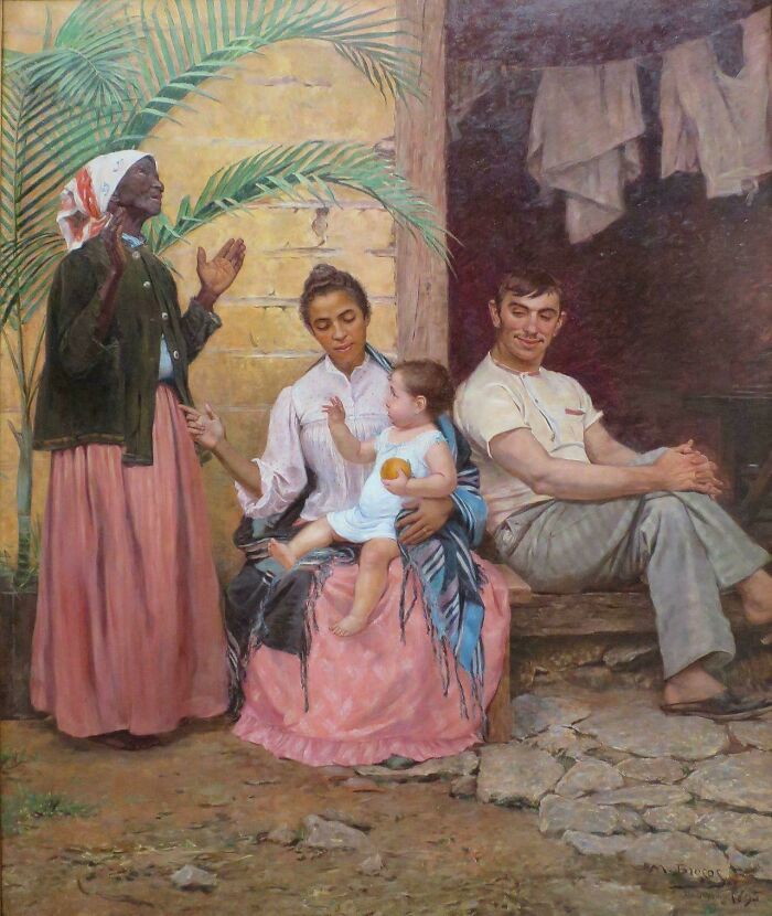 Painting of a family scene depicting history and crime themes with a woman, child, and man in a rustic setting.