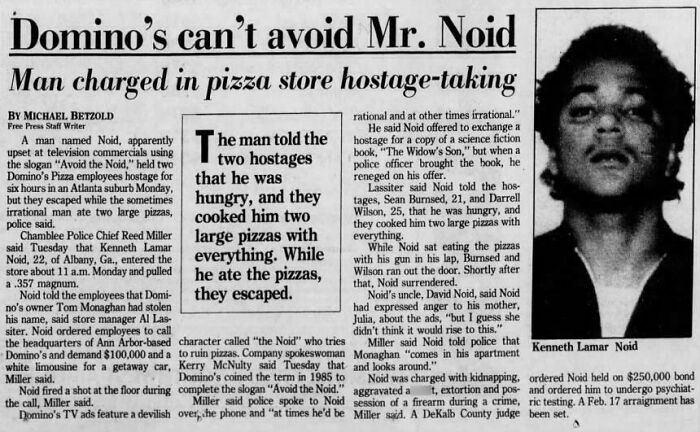 Newspaper clipping about a Domino's pizza store hostage situation involving Kenneth Lamar Noid and unsettling crime history.