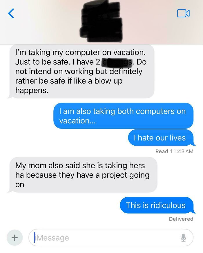 Text message conversation about bringing computers on vacation, illustrating normal practices in Europe US may find weird.